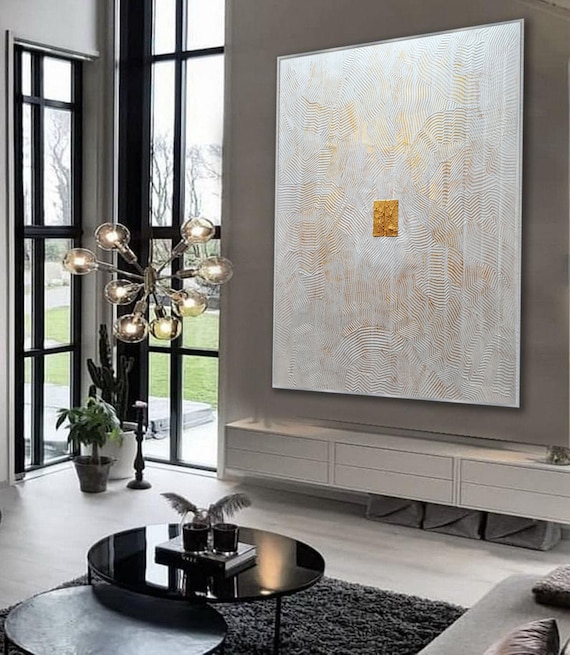 White Minimalist Textured Painting – Contemporary Canvas Wall Art with Gold Highlight  – Handmade White Abstract Texture Art M681