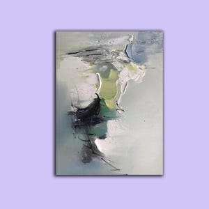 May include: Abstract painting with shades of green, blue, and white. The paint is applied in thick layers, creating a textured surface.