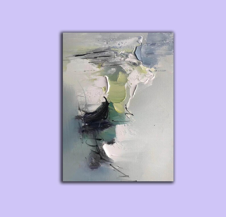 May include: Abstract painting with shades of green, blue, and white. The paint is applied in thick layers, creating a textured surface.