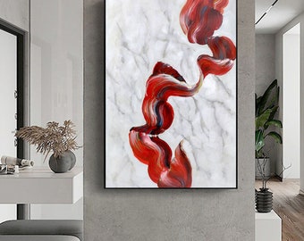 Large Red Abstract Painting, Modern Canvas Wall Art, Original Handmade Abstract Canvas Artwork with Fluid Red for Contemporary Décor M453