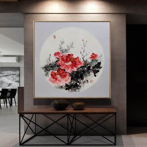 Cuadro decorativo de peonía roja texturizada / Pinceladas tradicionales chinas / Obra de arte floral hecha a mano A422 imagen 4