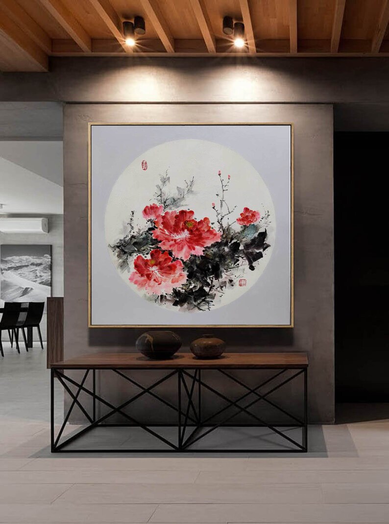 Cuadro decorativo de peonía roja texturizada / Pinceladas tradicionales chinas / Obra de arte floral hecha a mano A422 imagen 4
