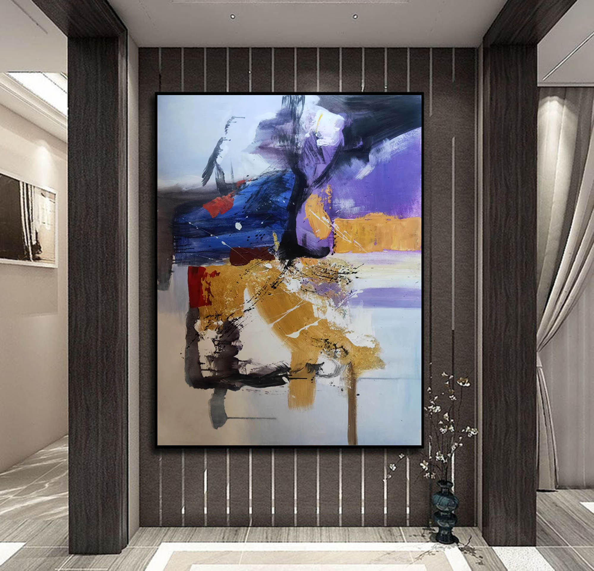 大きなキャンバスの壁アート、紫色の抽象画、大きなモダン抽象画