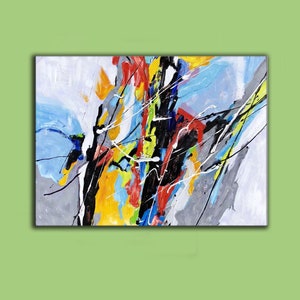 May include: Abstract painting with bold strokes of black, red, yellow, blue, and white paint on a canvas.