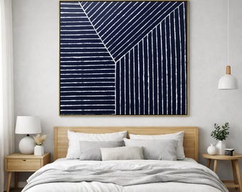 Large Blue White Geometric Abstract Painting – Handmade Textured Canvas Art for Contemporary Living Room or Office A652