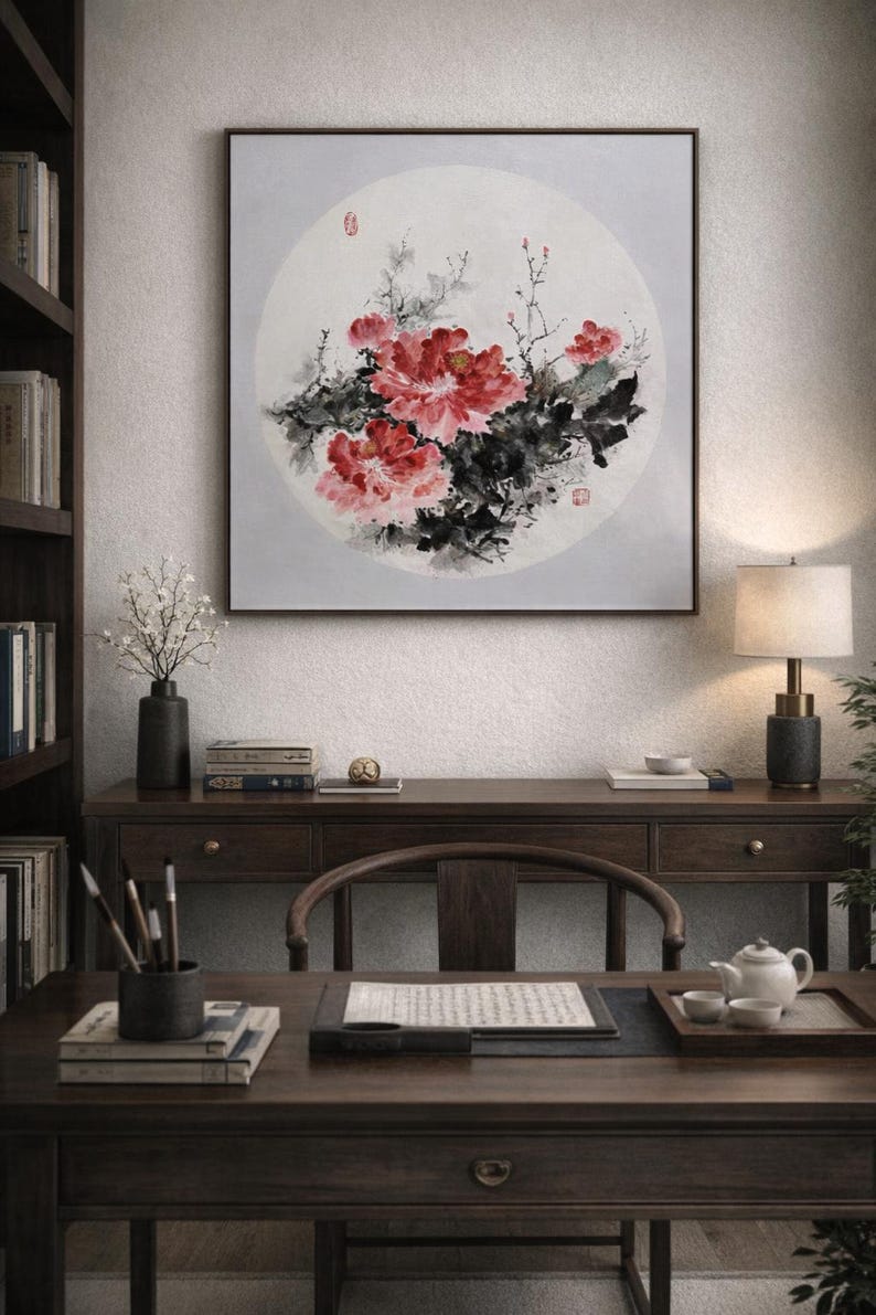 Puede incluir: Una pintura enmarcada de peon&iacute;as rojas con hojas negras y verdes sobre un fondo circular gris claro. La obra de arte cuelga sobre un escritorio de madera oscura con una silla, libros y una l&aacute;mpara. La habitaci&oacute;n tiene una est&eacute;tica tradicional y acad&eacute;mica.