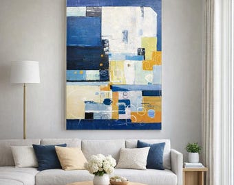 Large Geometric Abstract Art | Textured Handmade Canvas Painting in Blue and Warm Neutrals A787