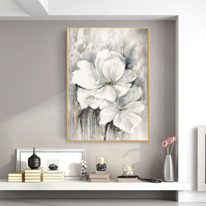 white flower oil painting on canvas, living room wall art decor, floral wall art painting, large abstract canvas art, textured painting A353