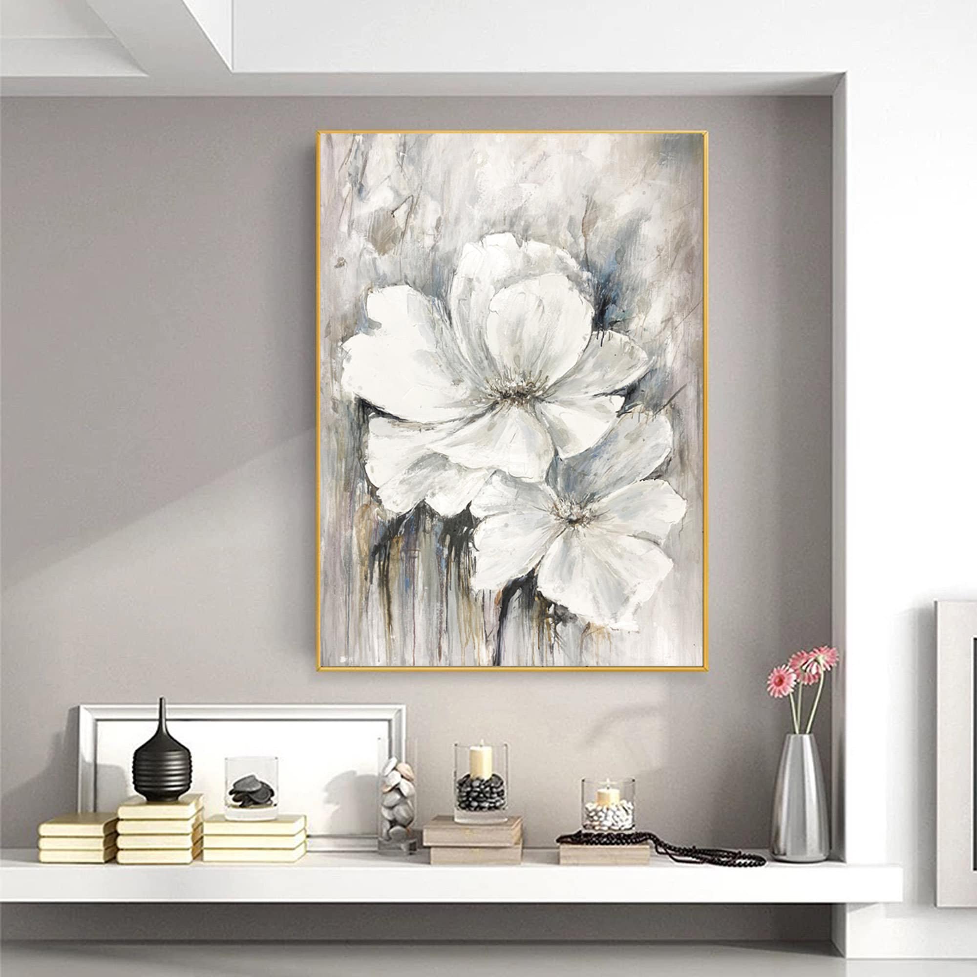 White Flower Oil Painting on Canvas, Large Abstract Textured Floral ...