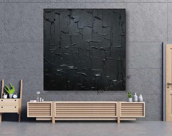 Original Abstract Wall Art – Handmade Black Textured Painting on Canvas A805