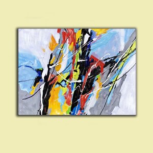 May include: Abstract painting with bold strokes of black, red, yellow, blue, and white paint on a gray background.