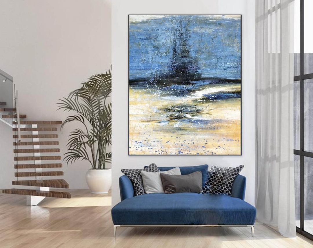 Large Blue Painting on Canvas, Large Abstract Wall Art, Modern Abstract ...