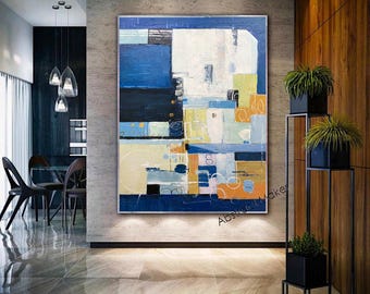 Large Geometric Abstract Art | Textured Handmade Canvas Painting in Blue and Warm Neutrals A787