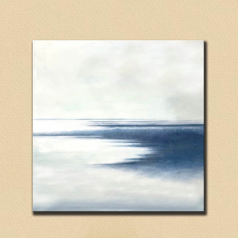 May include: Abstract seascape painting with a minimalist style. The artwork features a gradient of colors, transitioning from a light, cloudy sky to a deep blue ocean. The horizon line is visible, creating a sense of depth.
