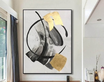 Handmade Black and Gold Abstract Canvas Artwork, Original Abstract Painting with Bold Black Brushstrokes and Metallic Gold Accents M336
