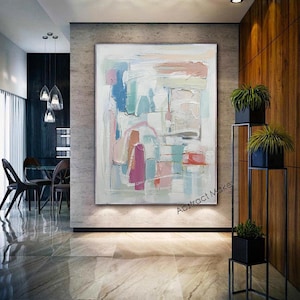 White Pink Canvas Art Blue Green Painting Pink  White Abstract Wall Art Pink Painting Large Textured Wall Art Bright Abstract Painting A780