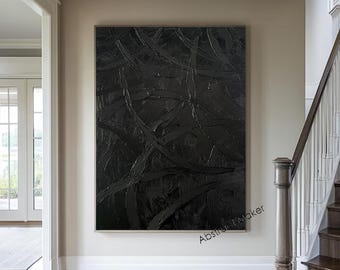Original Abstract Painting – Handmade Textured Art in Deep Black and Charcoal A792