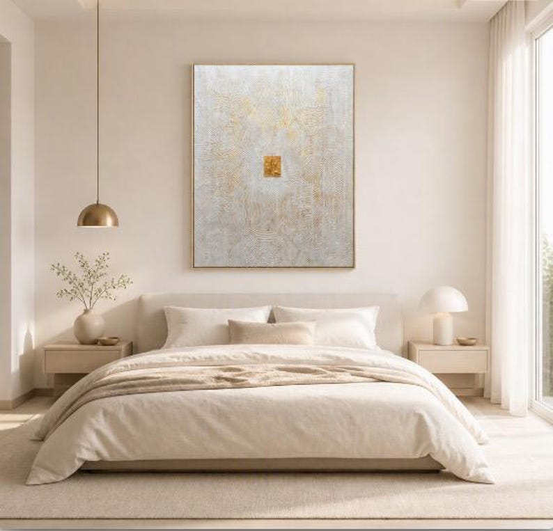 May include: A large rectangular wall art piece featuring a textured white surface with intricate, swirling patterns and subtle gold leaf accents. A small, solid gold square is positioned in the centre of the composition, creating a focal point.