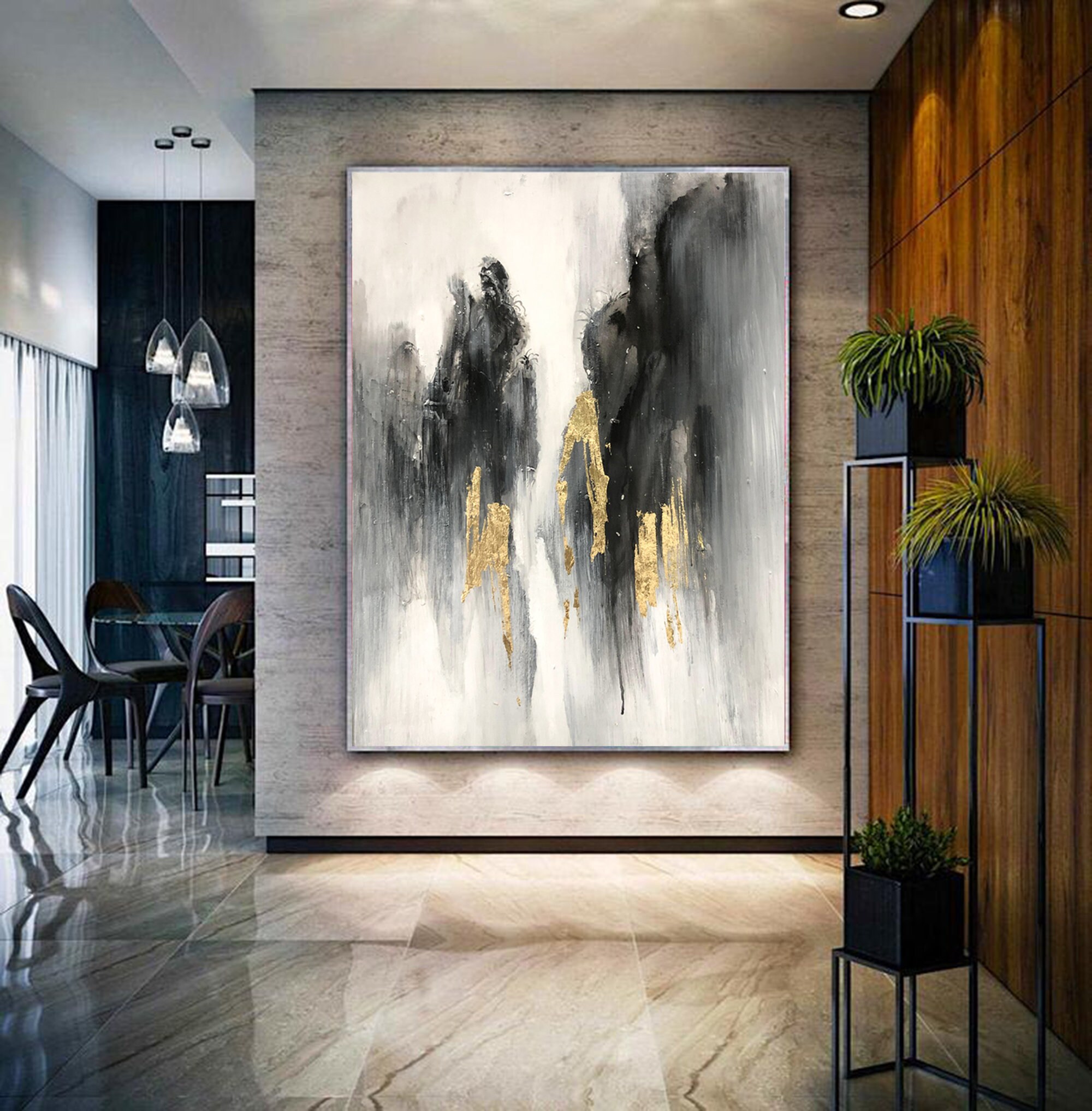 Extra large wall art abstract black painting gold painting | Etsy