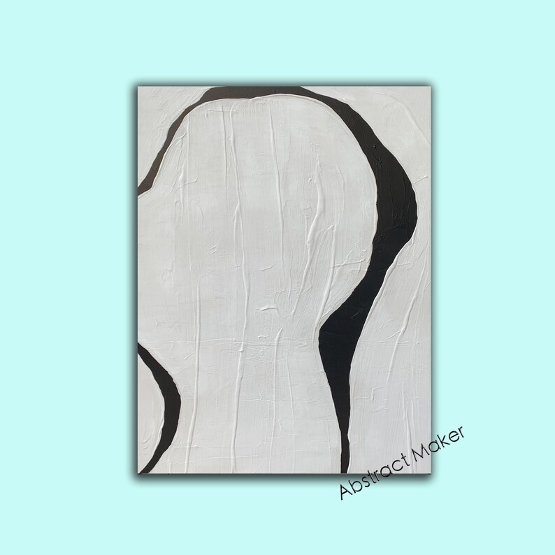 May include: Abstract art piece with a white textured background and bold black curved lines. The artwork features a minimalist design with the text "Abstract Maker" in the bottom right corner.