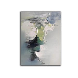 May include: Abstract painting with shades of green, blue, and white. The painting has a textured, layered look, with thick brushstrokes and a sense of movement.
