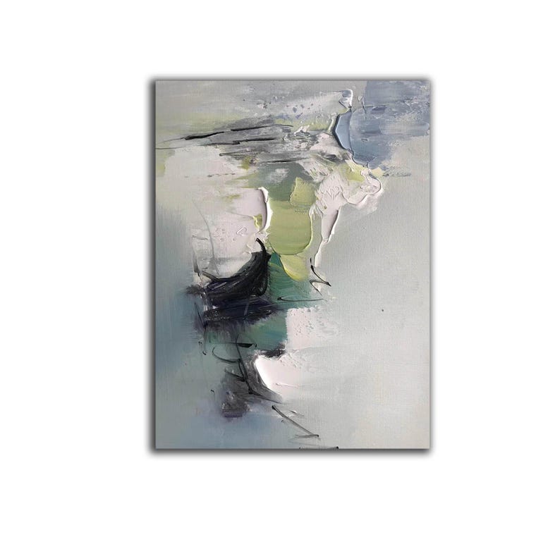 May include: Abstract painting with shades of green, blue, and white. The painting has a textured, layered look, with thick brushstrokes and a sense of movement.