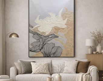 Pintura floral abstracta hecha a mano / Arte mural texturizado en blanco, beige y negro / Arte mural floral minimalista con patrones de líneas finas A650