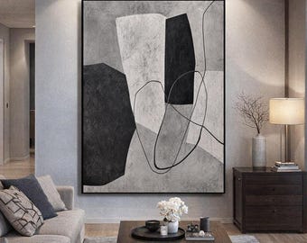 Original Handmade Abstract Geometric Art | Black White Line Texture | Modern Minimalist Wall Decor A809