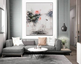 lotus flower paintings on canvas, extra large wall art canvas, modern wall art canvas, contemporary wall art,oversized abstract painting A18