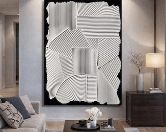 Original Handmade Abstract Geometric Art | Black White Line Texture | Modern Minimalist Wall Decor M809