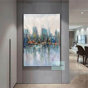 Blue Landscape Abstract Painting, Large Urban Abstract painting, City Landscape Painting, Original City Art painting, Large Canvas Art M692