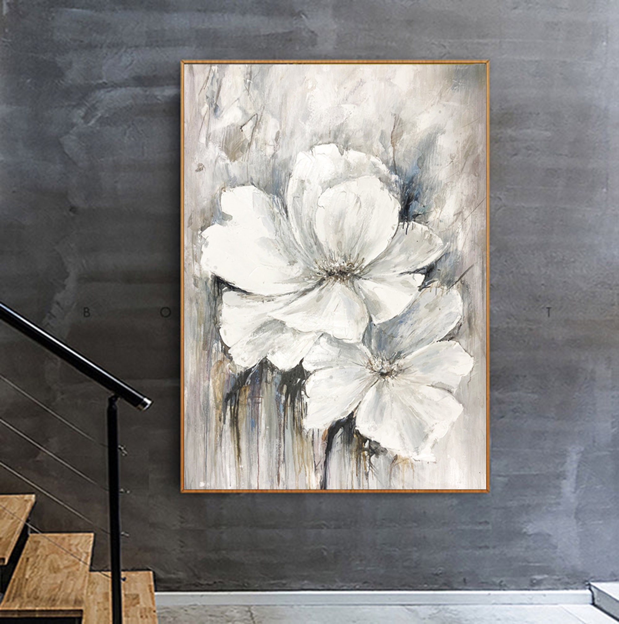 White Flower Oil Painting on Canvas, Large Abstract Textured Floral ...