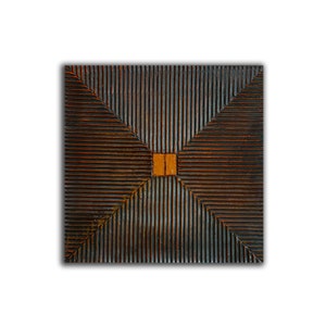 May include: A square wooden wall art piece with a geometric design. The piece is made of dark wood with a light brown square in the center.
