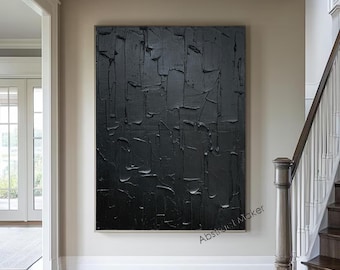Original Black Textured Abstract Painting – Deep Canvas Wall Art with Red Accents and Bold Minimalist Color Contrast A794