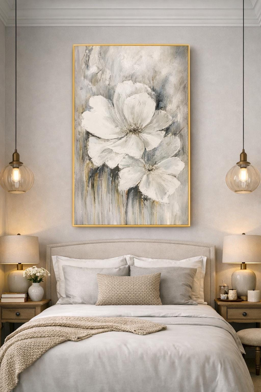 White Flower Oil Painting on Canvas, Large Abstract Textured Floral ...