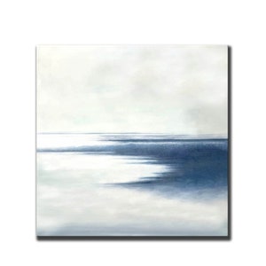 May include: Abstract seascape painting with a square canvas. The artwork features a gradient of colors, transitioning from a light, cloudy sky to a deep blue ocean. The horizon line is visible, creating a sense of depth and tranquility.