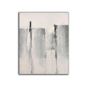 May include: Abstract painting with vertical gray and white stripes and black lines. The background is white.