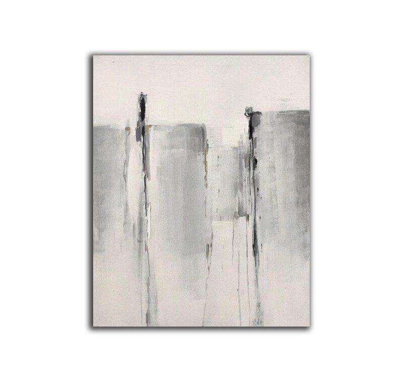 May include: Abstract painting with vertical gray and white stripes and black lines. The background is white.