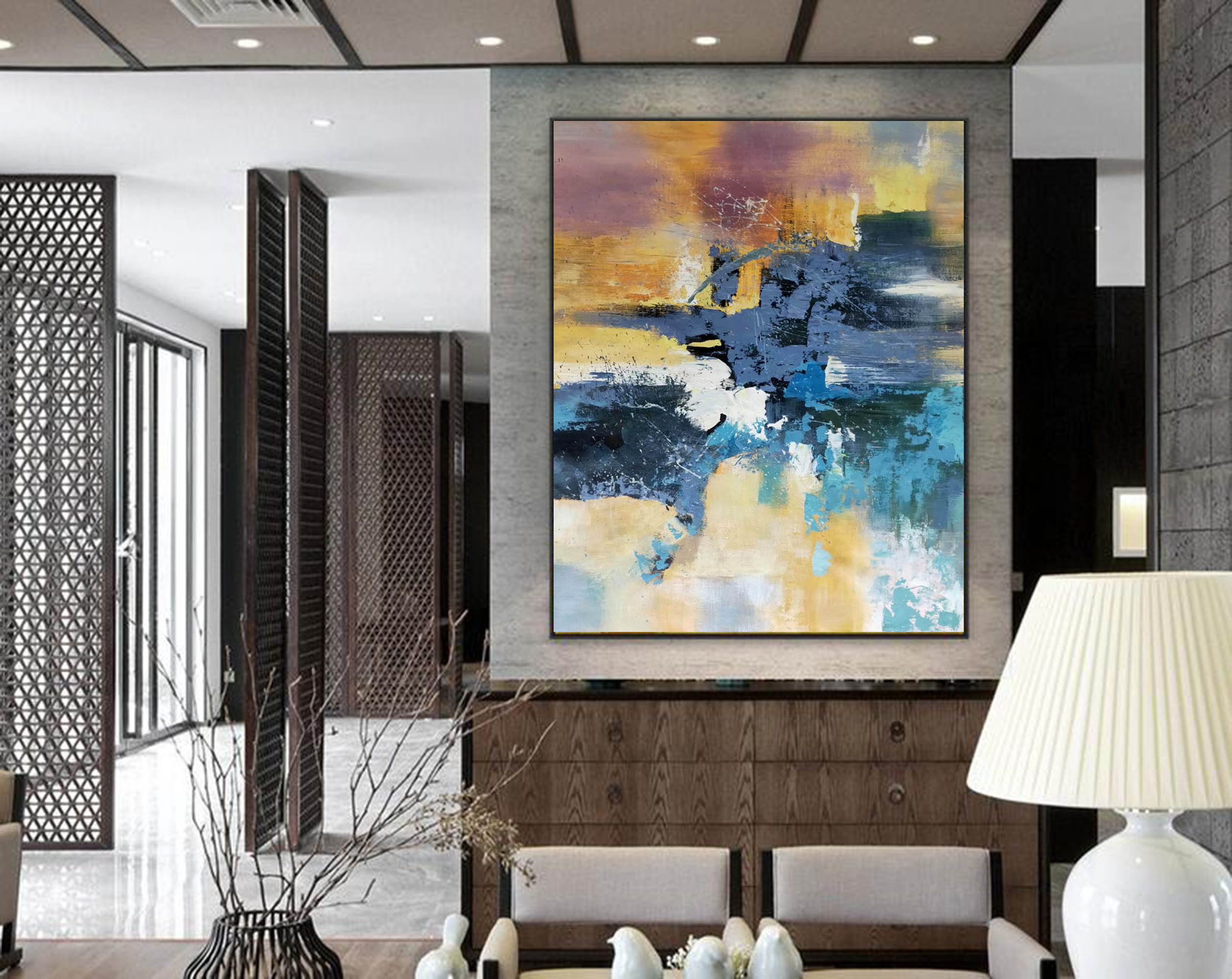 Modern Blue Abstract Painting on Canvas, Extra Large Canvas Wall Art ...
