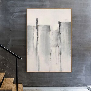 May include: Abstract painting with vertical gray and white stripes and black lines on a white background.