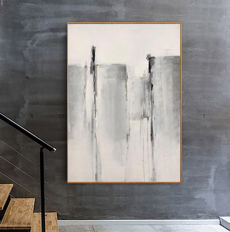 May include: Abstract painting with vertical gray and white stripes and black lines on a white background.