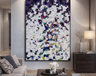 Original Handmade Abstract Textured Painting – Modern Color Block Mosaic Art with White, Purple, and Multicolor Accents for Wall Decor A806