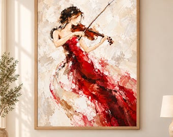 Abstract Violinist Wall Art, Woman in Red Dress with Cream Background M810