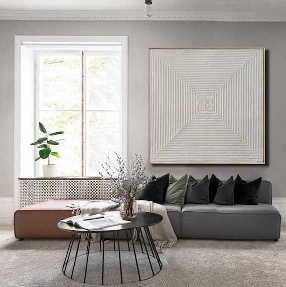 Original Geometric Abstract Painting – Handmade Textured Wall Art in White Canvas A676