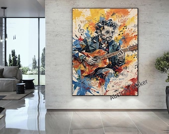 Hand Painted Guitar Wall Art, Abstract Guitarist Oil Painting, Music Room Decor, Guitar Player Gift, Colorful Musician Canvas Art A814
