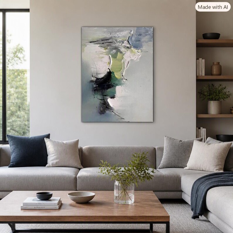 Original Handmade Abstract Painting in Blue Green and Grey | Textured Modern Art with Layered Brushstrokes | Contemporary Wall Decor M382 image 2
