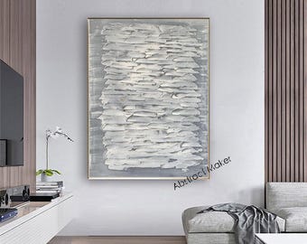 Handmade Neutral 3D Textured Abstract Canvas Art, Original Gray White Painting for Modern Minimalist Home Wall Decor M774