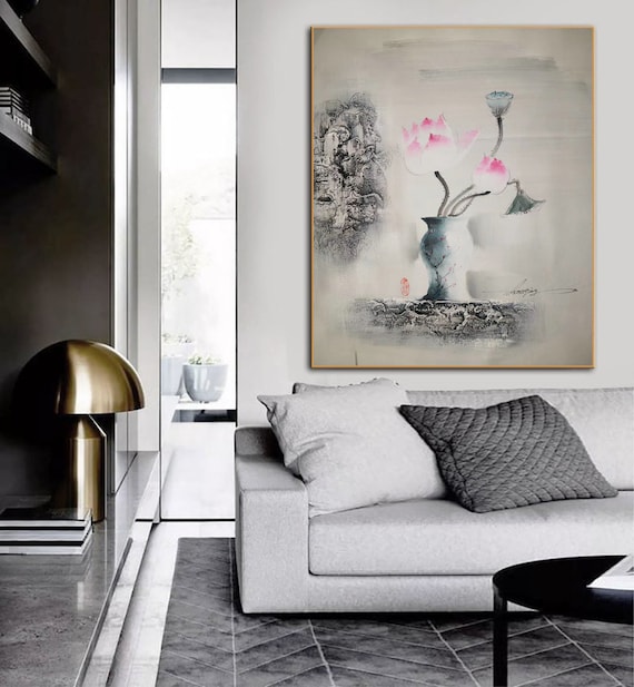extra large wall art abstract, lotus painting on canvas, original abstract painting, oversized canvas art, modern abstract wall art A437