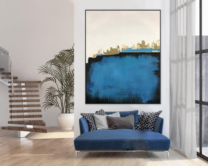 Large Blue Painting on Canvas Extra Large Wall Art Modern Etsy