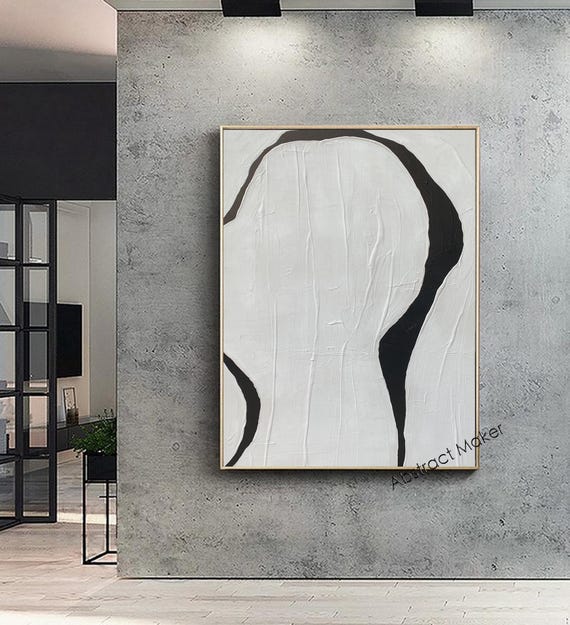Original Minimalist Black and White Abstract Painting – Handmade Textured Art for Modern Interiors A763
